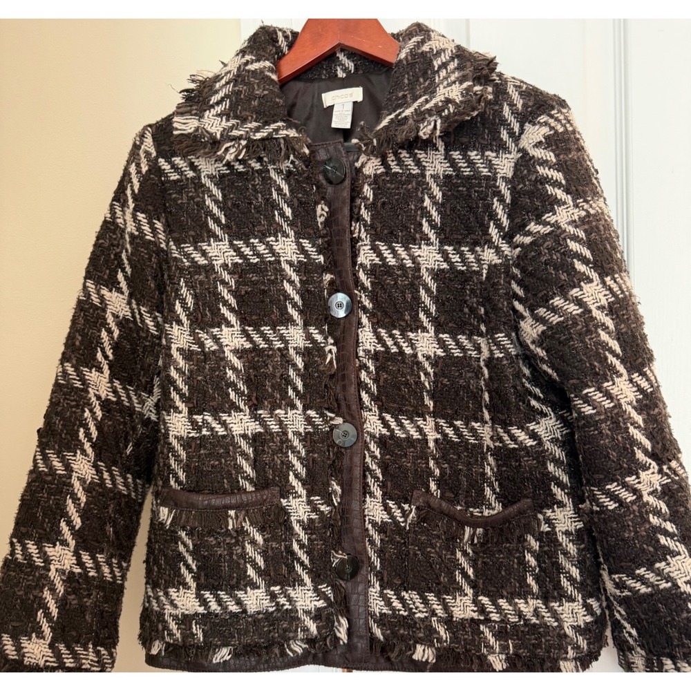 Chico's Brown Plaid Tweed Jacket Frayed Trim Faux Croc Leather Detail Size 1 M